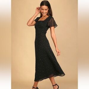 Lulus So Kiss Me Black Floral Print Swiss Dot Maxi Dress (Small)